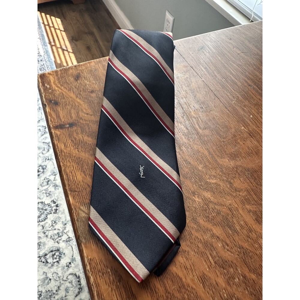 VTG YSL Yves Saint Laurent Necktie Navy Red Stripes GORGEOUS! - Picture 2 of 7